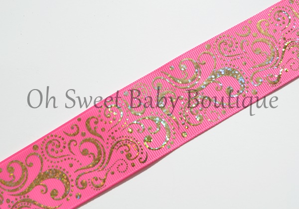 Fancy Swirls 1.5" Gold Holographic Foil Hot Pink