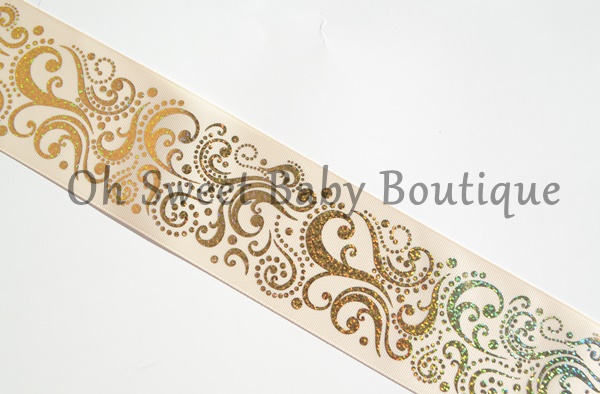 3" Ivory Fancy Swirls Gold Holographic Foil