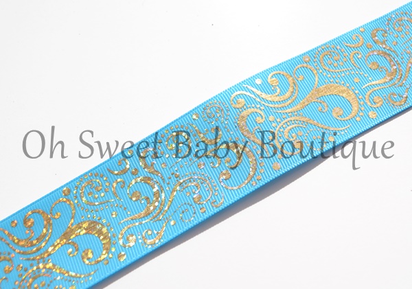 Fancy Swirls 1.5" Gold Holographic Foil Misty Turquoise