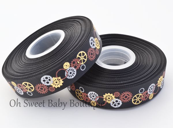 Simple Gears Border Steam Punk Satin Ribbon for Gift Wrapping Bows Craft  DIY Projects - 3 Yards - Red Ribbon/Black Printing - 1 Inch Width 